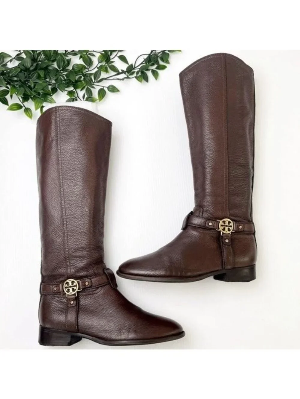 TORY BURCH Brown Leather Riding Boots with golden hardware logo strap 7.5